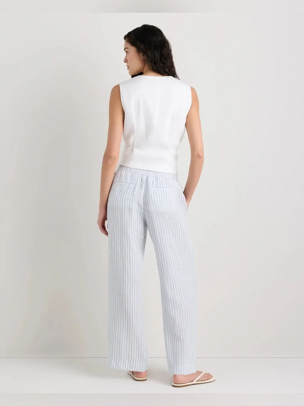 Quince 100% European Linen Wide Leg Pants in Sky blue Mariner Stripes— Large